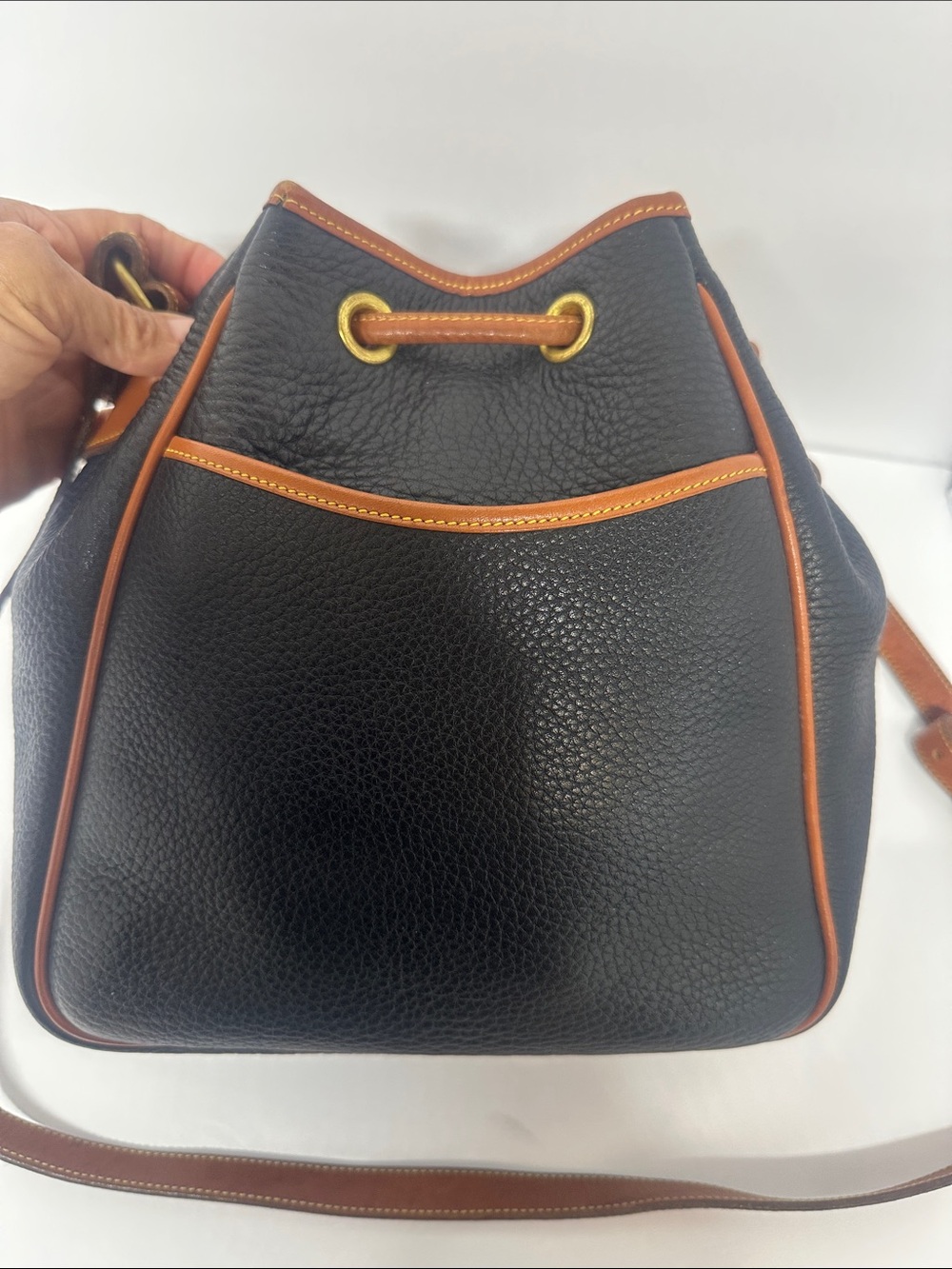 Dooney & Bourke Black Pebbled Leather Drawstring Bucket Bag with Tan Trim - Picture 2 of 13